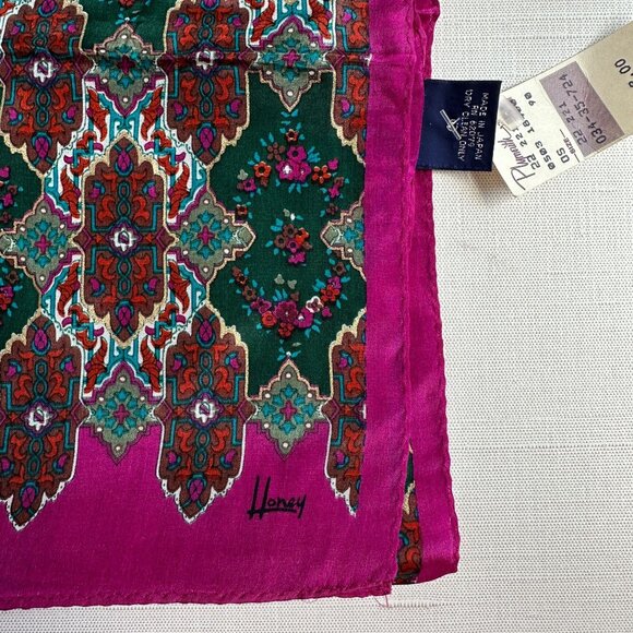 Vintage Silk Scarf Honey NWT 10x50, Geometric Floral Print, Fuchsia Green Red - Picture 9 of 10
